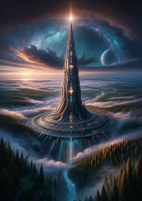 A stunning vertical view from a fantasy planet captures a tower | Canvas