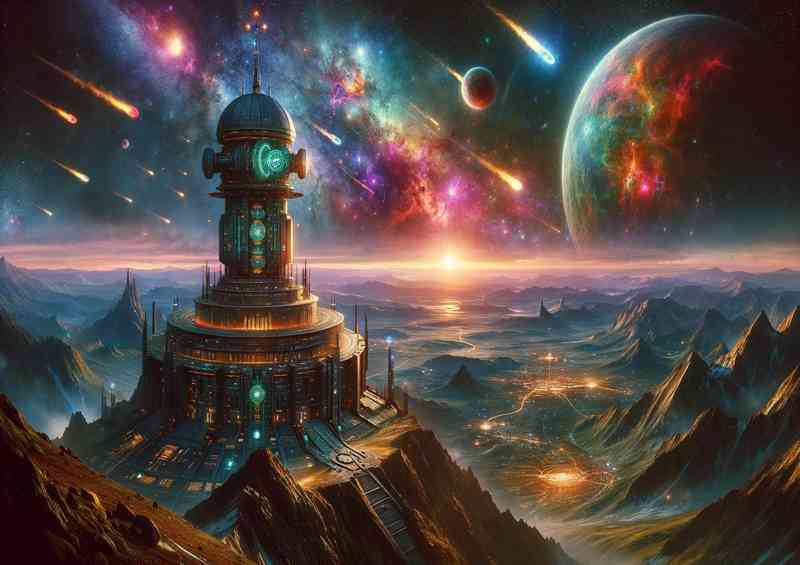 A dramatic view from a fantasy planetwith a ancient alien outpost | Canvas