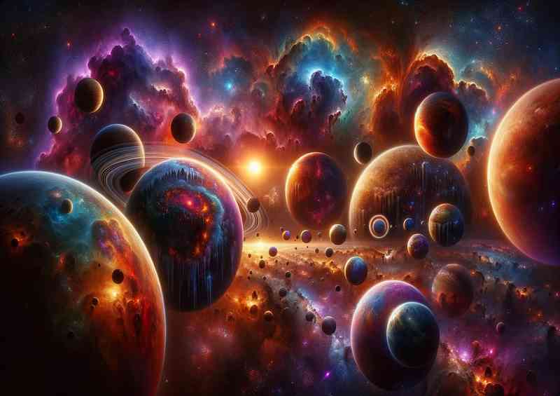 A fantastical space scene includes an array of mixed planets | Di-Bond