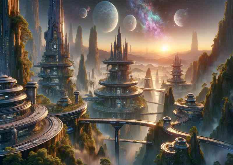 A fantasy planet The scene depicts an alien city at dawn | Poster