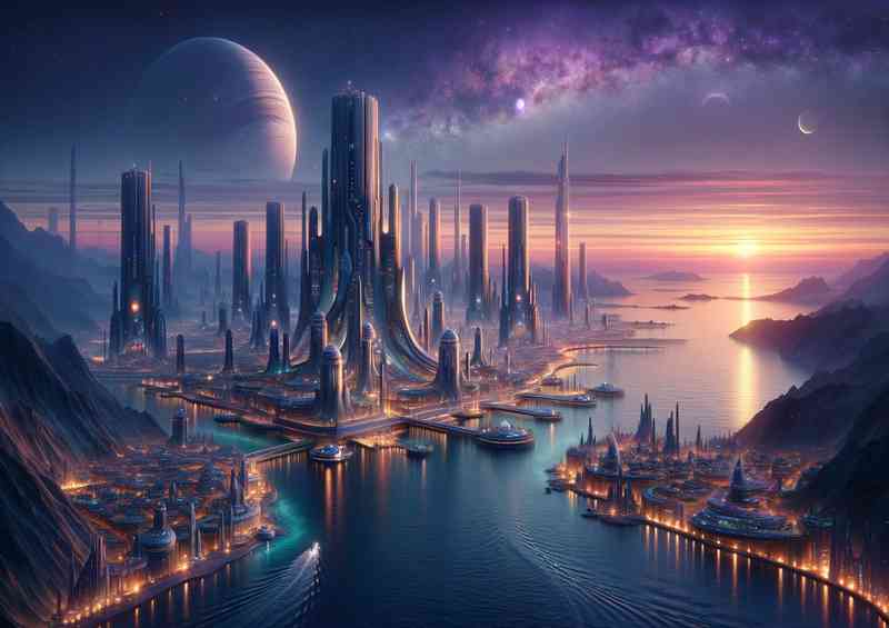 A fantasy planet an alien seaside city | Poster