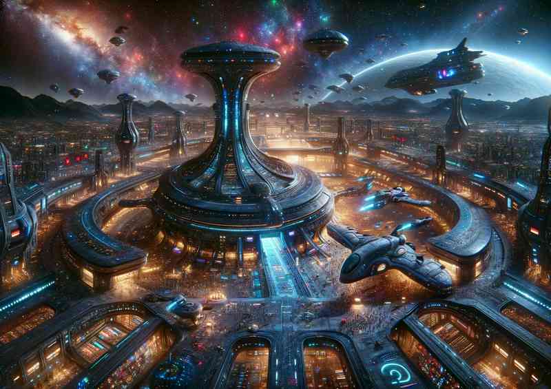 A fantasy planet depicts a large futuristic settlement | Poster