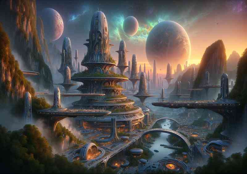 A fantasy planet The scene depicts an alien city at dawn one | Metal Poster