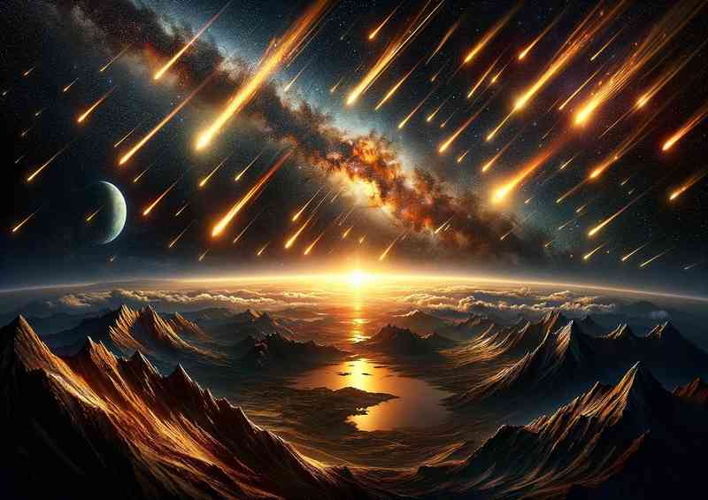 A fantasy space scene where a meteor shower illuminates the night sky | Poster