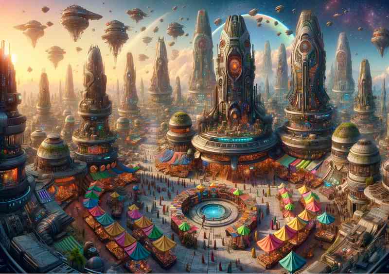 A panoramic view from a fantasy planet a vibrant alien market | Poster
