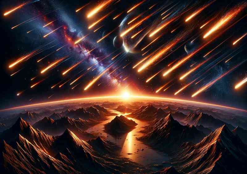 A space scene where a meteor shower illuminates the night sky | Poster