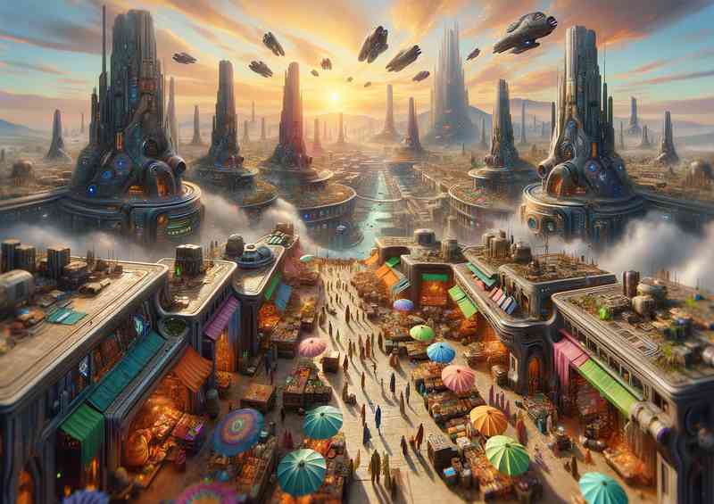 A view from a fantasy planet vibrant alien market | Poster