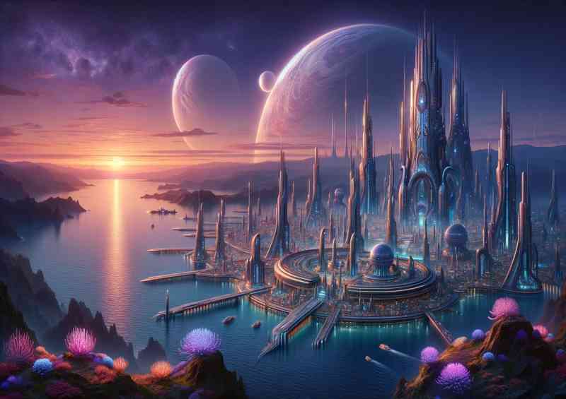 Fantasy planet The scene showcases an alien seaside city | Canvas