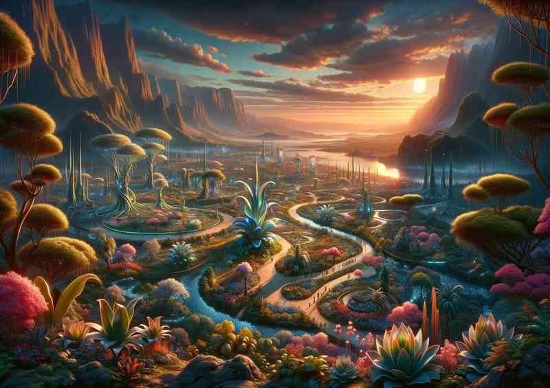 Sweeping view from a fantasy planet a large alien botani | Poster