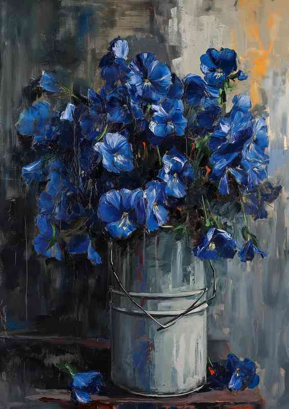 A bucket of blue flowers painted style | Poster