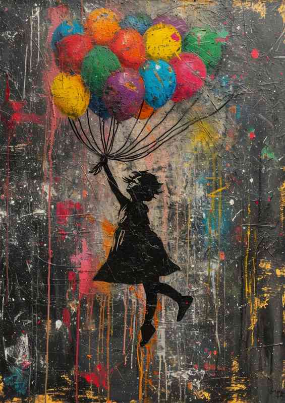 Banksy style girl flying a basket full of balloons | Di-Bond