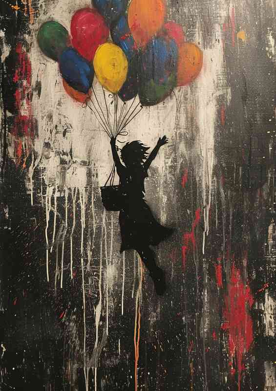Banksy style girl flying with coloured ballons | Di-Bond