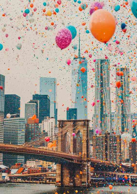 Brooklyn bridge skyline with balloons floating above | Poster