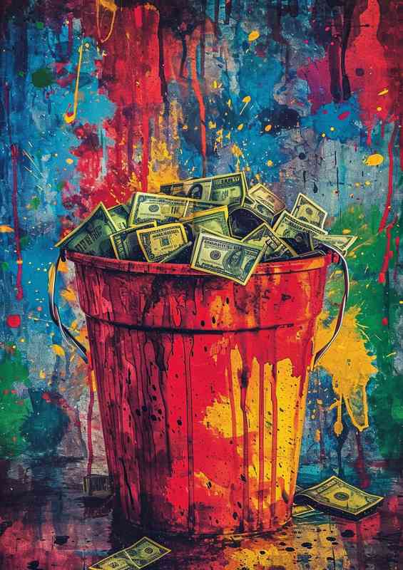 Colorful painting shows a bucket of money | Poster