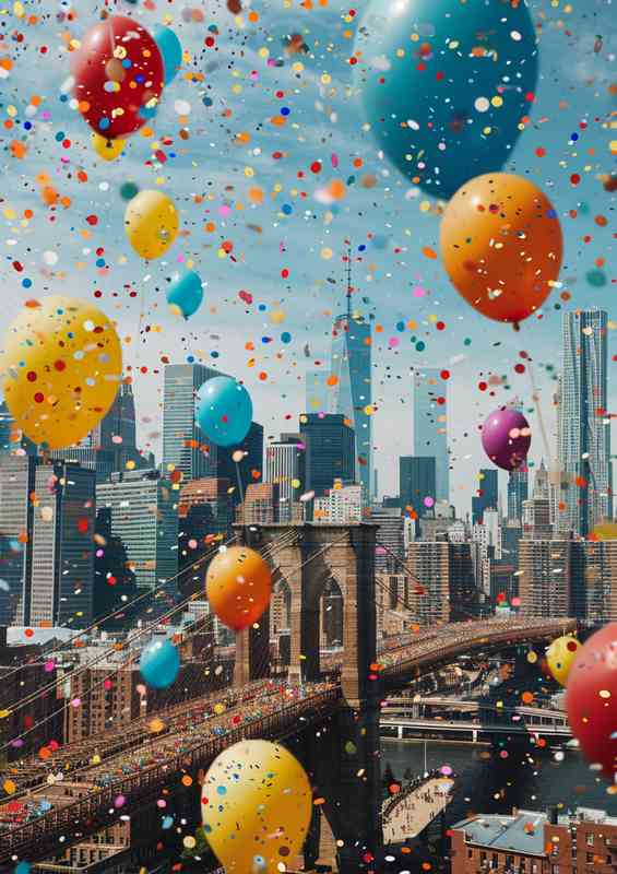 Coloured baloons flying over the brooklin bridge | Canvas