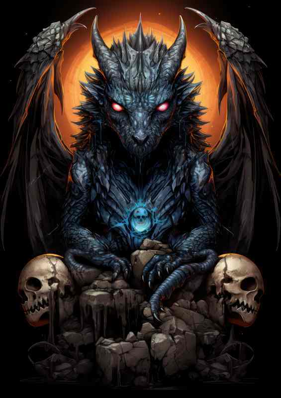 Small black dragon sitting on skull | Poster