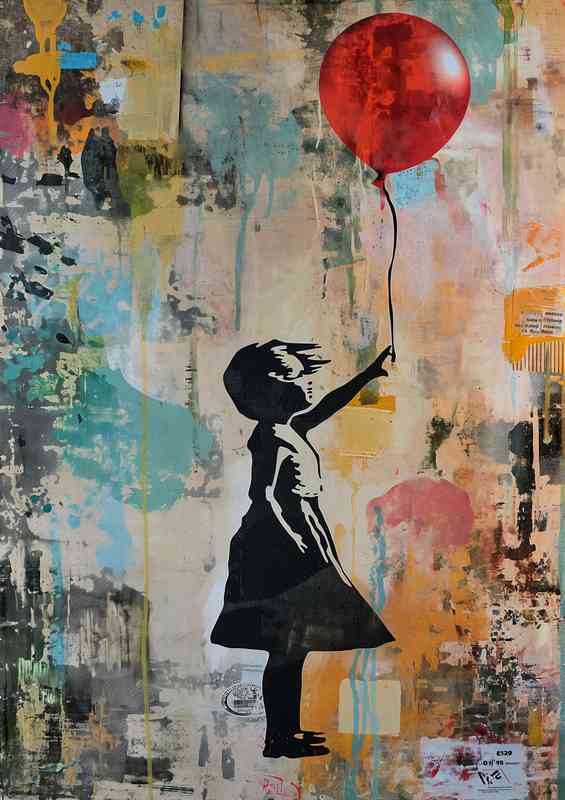 Girl with a red balloon and graffiti | Metal Poster