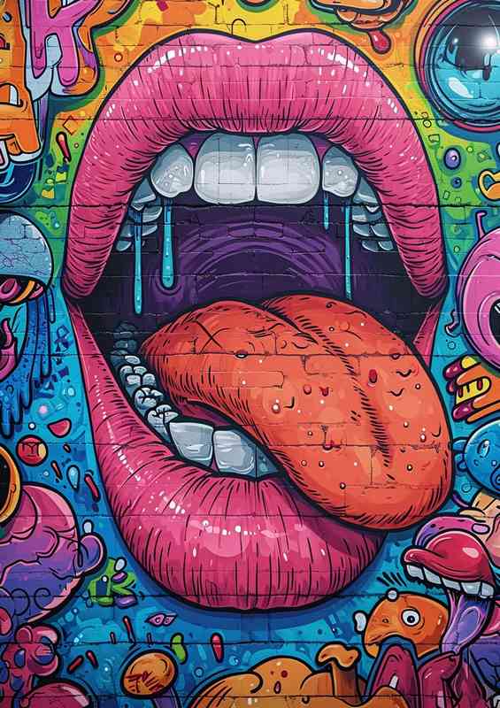 Graffiti wall art mouth with pink lips | Poster