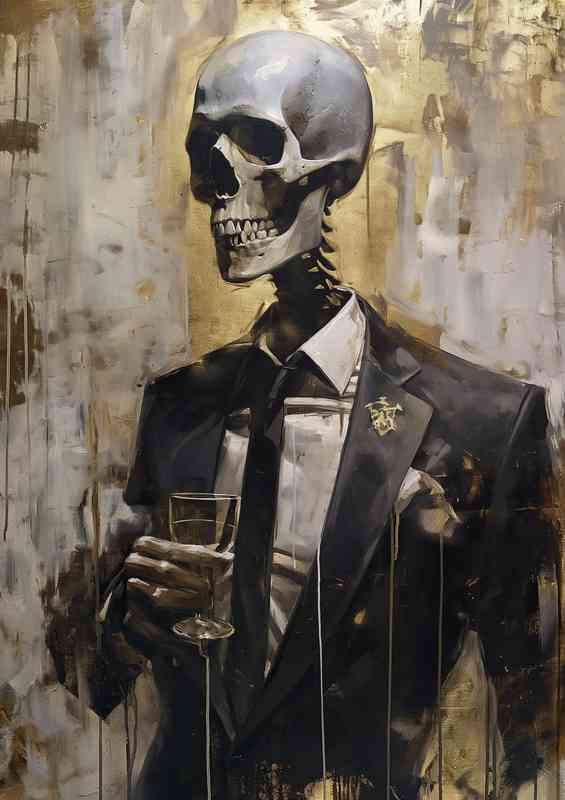 Skeleton in a suit holding a glass | Canvas