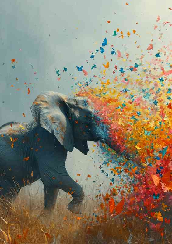 The Elephant spraying butterflies in the sky | Canvas