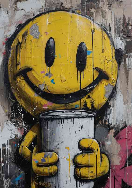 White painting of a yellow smiley face | Metal Poster