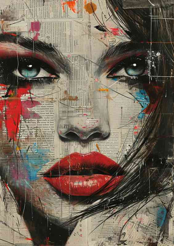 Woman with red lips and blue eyes paper art | Poster