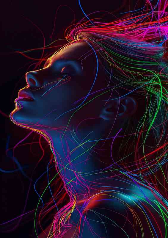 Womans head on with neon style lighting | Poster