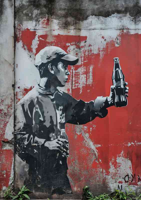 young man holding a drink street art | Poster
