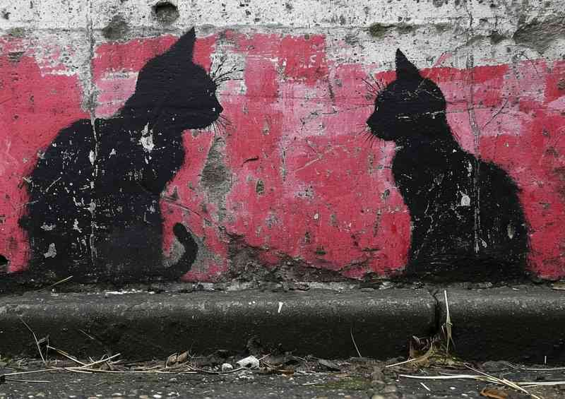 Black cats on a pink wall street art | Canvas