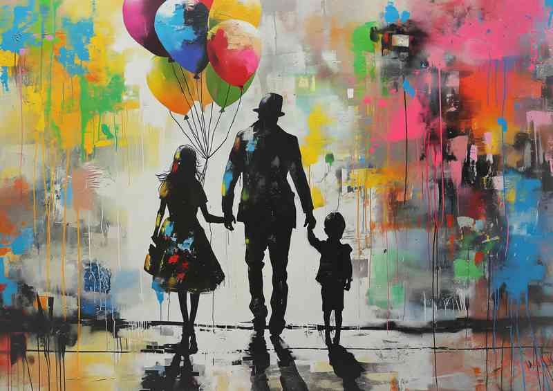 Family holding balloons street art | Canvas