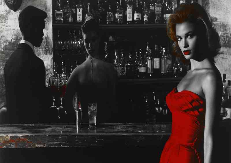 Lady in red having cocktails | Di-Bond