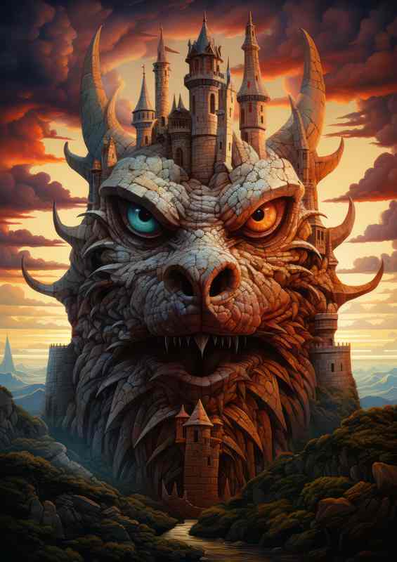 Viking dragon landed at dusk above a castle | Poster