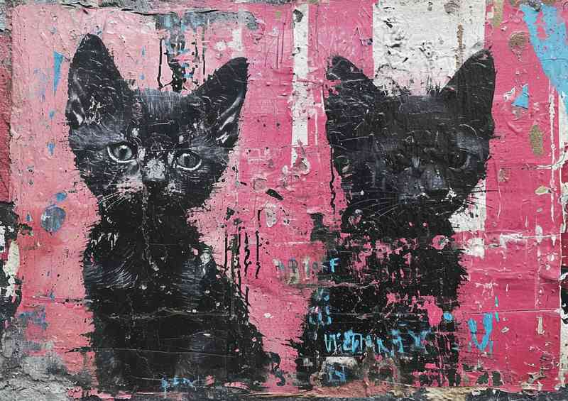 Two black cats with painted pink wall art | Poster