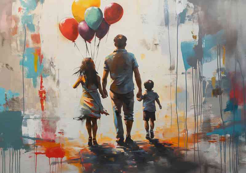 Two familys holding balloons bansky inspired | Metal Poster