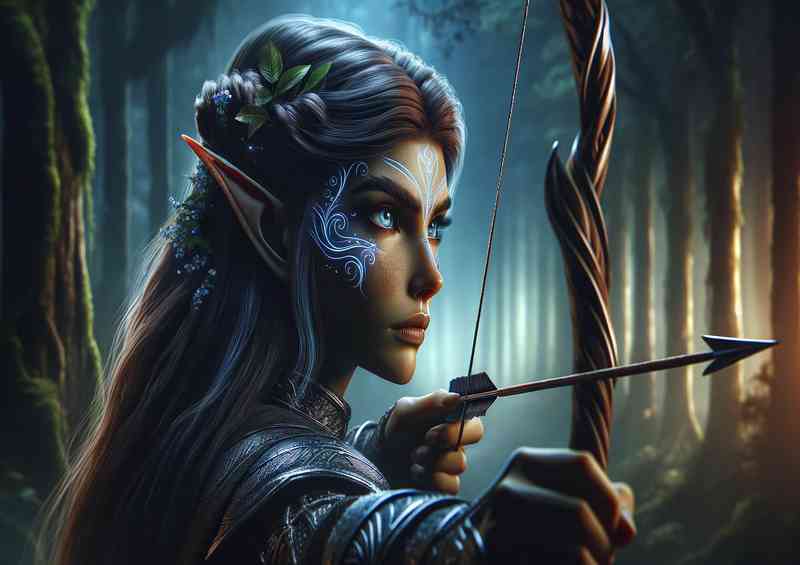 A elf archer capturing the intensity of her gaze | Poster
