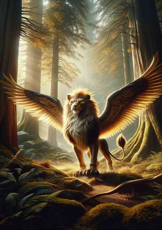 A majestic griffin standing in an ancient forest | Di-Bond
