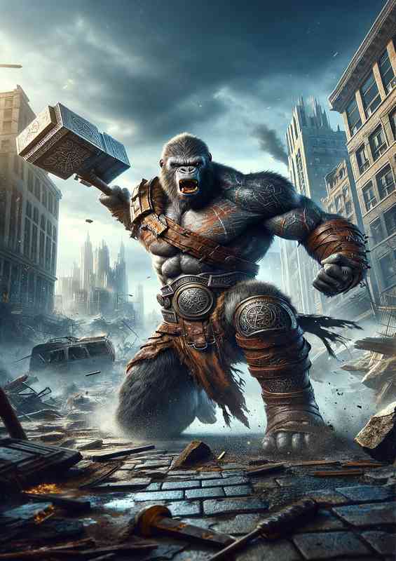 Animal in a dynamic action scene Envision a powerful gorilla | Poster