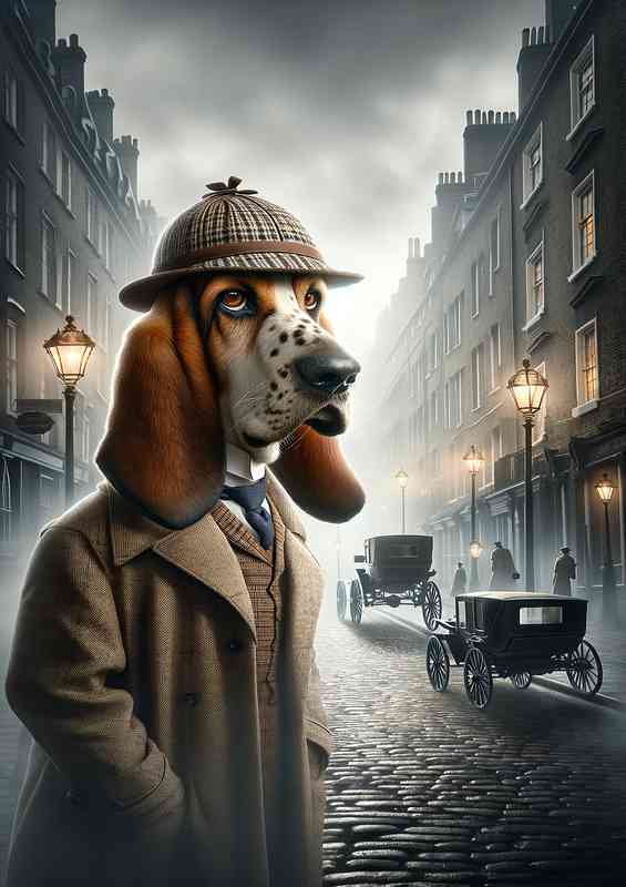 Basset hound detective standing in a misty London street | Canvas