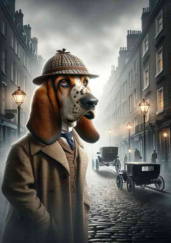 Basset hound detective standing in a misty London street | Di-Bond