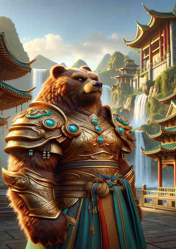 Bear warrior exuding a commanding presence in a serene mountain temple | Canvas
