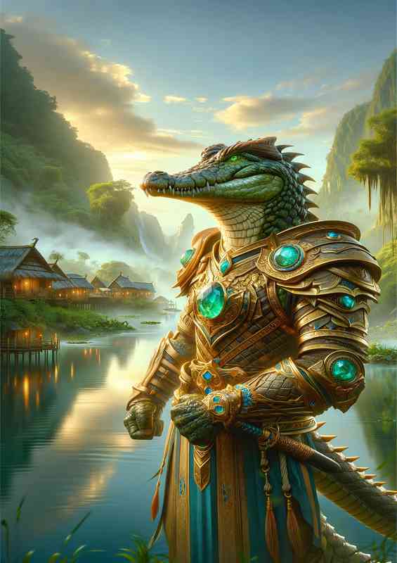 Crocodile warrior standing valiantly in a mystical village | Poster