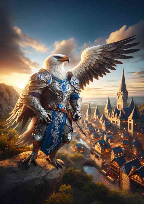 Eagle warrior stands overlooking a medieval fantasy | Di-Bond