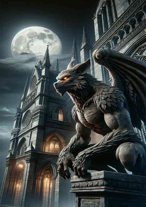 Envision a stoic gargoyle with detailed stone | Poster