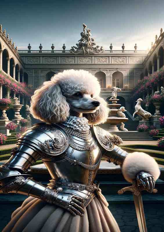 French poodle warrior elegantly poised in a lavish palace garden | Poster