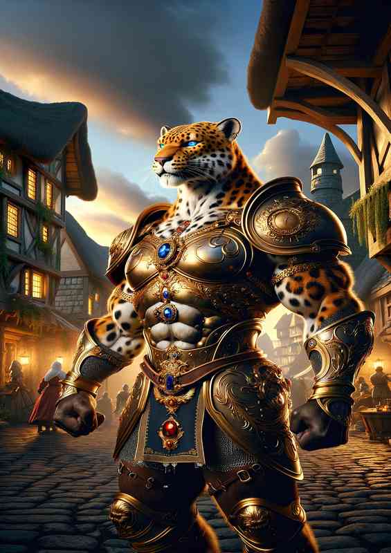 Leopard knight stands a medieval fantasy village | Poster