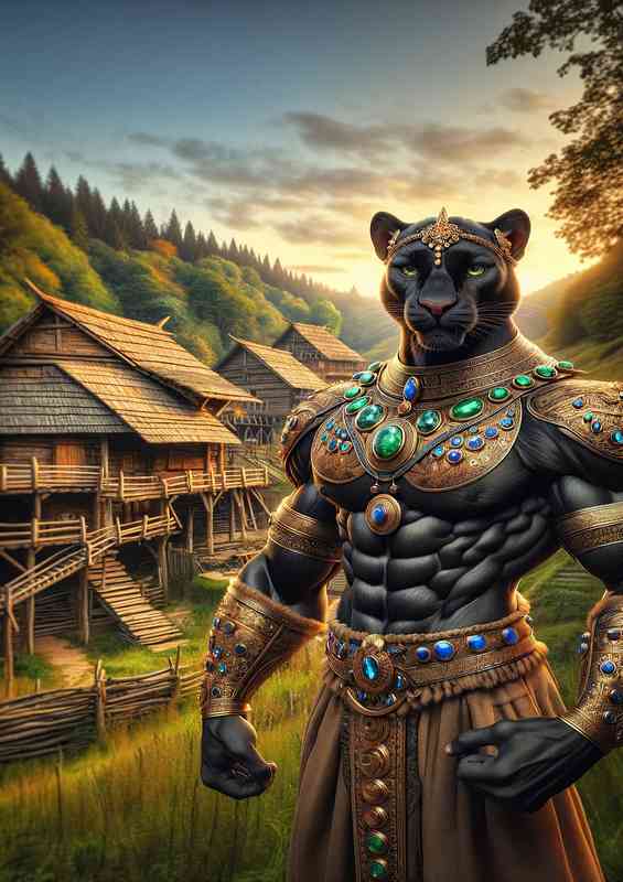 Panther warrior stands in front of an ancient wooden village | Poster