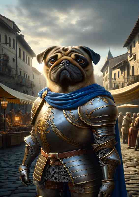 Pug dog proudly in a medieval town square | Poster