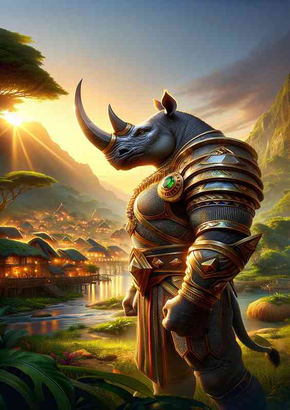 Rhinoceros warrior powerfully in a lush vibrant village at dusk | Poster