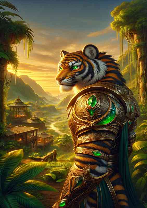 Tiger warrior poised nobly in a verdant jungle village | Canvas