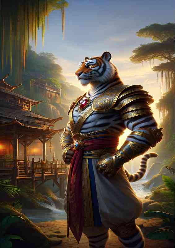 Tiger warrior standing pose in an exotic jungle village | Poster